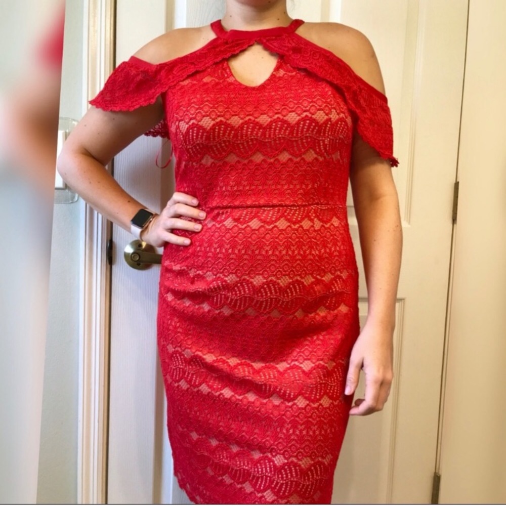 Francesca’s Red Lace Cold Shoulder Cocktail Dress